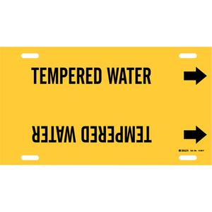 "Tempered Water" Pipe Marker - Plastic, Black on Yellow, 6" - 7-7/8", 8", 16", 1-1/4", English, Strap-On