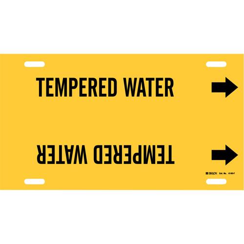 "Tempered Water" Pipe Marker - Plastic, Black on Yellow, 6" - 7-7/8", 8", 16", 1-1/4", English, Strap-On