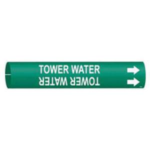 "Tower Water" Pipe Marker - Plastic, White on Green, 1-1/2" - 2-3/8", 7/8", 7/8", 3/4", English, Snap-On