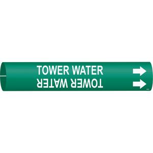 "Tower Water" Pipe Marker - Plastic, White on Green, 4" - 6", 2-13/16", 2-13/16", 1-1/4", English, Snap-On