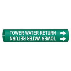 "Tower Water Return" Pipe Marker - Plastic, White on Green, 3/4" - 1-3/8", 13/16", 13/16", 1/2", English, Snap-On