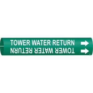 "Tower Water Return" Pipe Marker - Plastic, White on Green, 1-1/2" - 2-3/8", 7/8", 7/8", 3/4", English, Snap-On