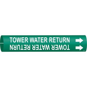 "Tower Water Return" Pipe Marker - Plastic, White on Green, 4" - 6", 2-13/16", 2-13/16", 1-1/4", English, Snap-On