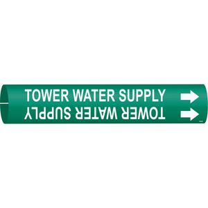 "Tower Water Supply" Pipe Marker - Plastic, White on Green, 1-1/2" - 2-3/8", 7/8", 7/8", 3/4", English, Snap-On