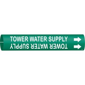 "Tower Water Supply" Pipe Marker - Plastic, White on Green, 4" - 6", 2-13/16", 2-13/16", 1-1/4", English, Snap-On