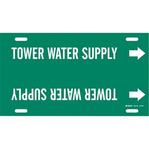 "Tower Water Supply" Pipe Marker - Plastic, White on Green, 10" - 15", 10", 32", 3-1/2", English, Strap-On