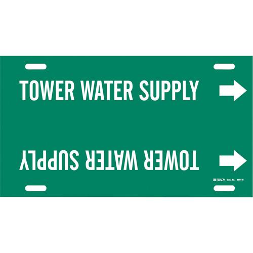 "Tower Water Supply" Pipe Marker - Plastic, White on Green, 10" - 15", 10", 32", 3-1/2", English, Strap-On