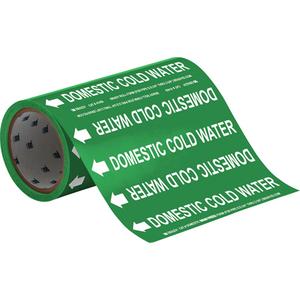 "Domestic Cold Water" Roll Form Pipe Markers - Vinyl, White on Green, 0" - 2", Cuttable, 8", 3/4", English, Self-Adhesive, 360", 65