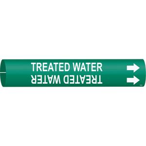 "Treated Water" Pipe Marker - Plastic, White on Green, 1-1/2" - 2-3/8", 7/8", 7/8", 3/4", English, Snap-On