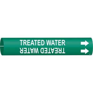"Treated Water" Pipe Marker - Plastic, White on Green, 4" - 6", 2-13/16", 2-13/16", 1-1/4", English, Snap-On
