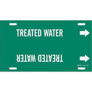 "Treated Water" Pipe Marker - Plastic, White on Green, 8" - 9-7/8", 10", 24", 2-1/2", English, Strap-On