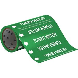 "Tower Water" Roll Form Pipe Markers - Vinyl, White on Green, 0" - 2", Cuttable, 8", 3/4", English, Self-Adhesive, 360", 65