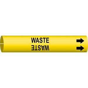 "Waste" Pipe Marker - Plastic, Black on Yellow, 4" - 6", 2-13/16", 2-13/16", 1-1/4", English, Snap-On