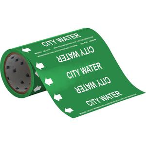 "City Water" Roll Form Pipe Markers - Vinyl, White on Green, 0" - 2", Cuttable, 8", 3/4", English, Self-Adhesive, 360", 65