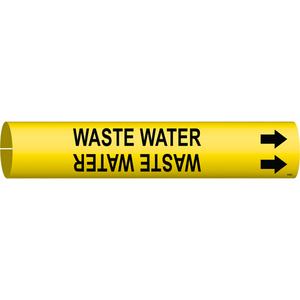 "Waste Water" Pipe Marker - Plastic, Black on Yellow, 2-1/2" - 3-7/8", 2", 2", 1-1/4", English, Snap-On