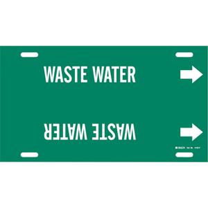 "Waste Water" Pipe Marker - Plastic, White on Green, 6" - 7-7/8", 8", 16", 1-1/4", English, Strap-On
