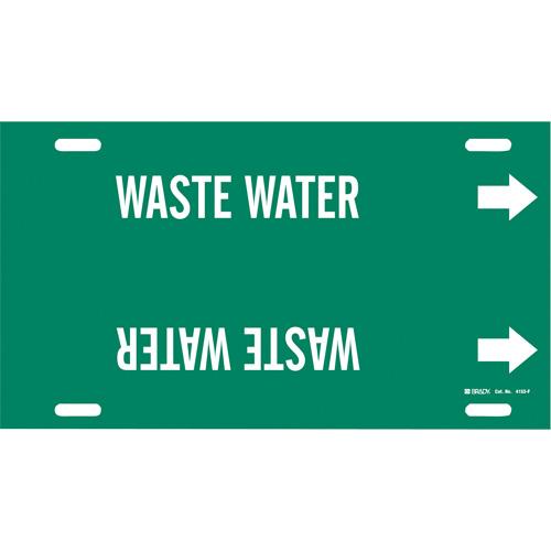 "Waste Water" Pipe Marker - Plastic, White on Green, 6" - 7-7/8", 8", 16", 1-1/4", English, Strap-On