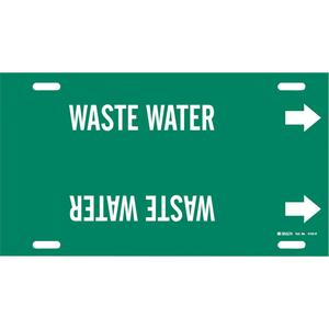 "Waste Water" Pipe Marker - Plastic, White on Green, 10" - 15", 10", 32", 3-1/2", English, Strap-On