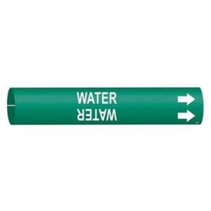 "Water" Pipe Marker - Plastic, White on Green, 1-1/2" - 2-3/8", 7/8", 7/8", 3/4", English, Snap-On
