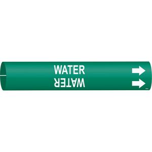 "Water" Pipe Marker - Plastic, White on Green, 4" - 6", 2-13/16", 2-13/16", 1-1/4", English, Snap-On