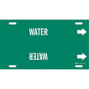 "Water" Pipe Marker - Plastic, White on Green, 6" - 7-7/8", 8", 16", 1-1/4", English, Strap-On