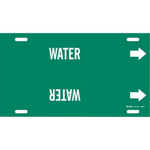 "Water" Pipe Marker - Plastic, White on Green, 10" - 15", 10", 32", 3-1/2", English, Strap-On