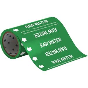 "Raw Water" Roll Form Pipe Markers - Vinyl, White on Green, 0" - 2", Cuttable, 8", 3/4", English, Self-Adhesive, 360", 65