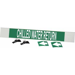 "Chilled Water Return" Pipe Marker - Plastic, White on Green, 8" - 20", 4", 24", 3-1/2", English, Fibreglass Carrier with Clips