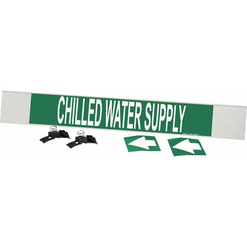 "Chilled Water Supply" Pipe Marker - Plastic, White on Green, 8" - 20", 4", 24", 3-1/2", English, Fibreglass Carrier with Clips