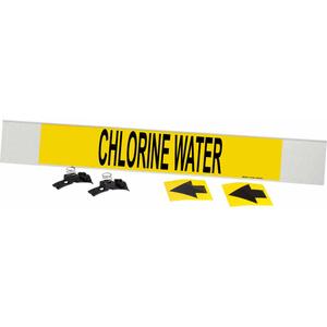 "Chlorine Water" Pipe Marker - Plastic, Black on Yellow, 8" - 20", 4", 24", 3-1/2", English, Fibreglass Carrier with Clips