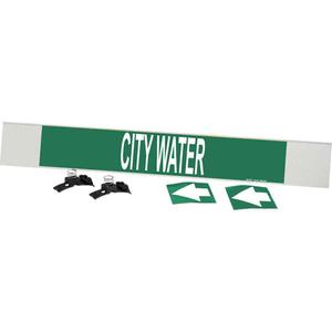 "City Water" Pipe Marker - Plastic, White on Green, 8" - 20", 4", 24", 3-1/2", English, Fibreglass Carrier with Clips