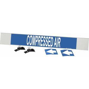 "Compressed Air" Pipe Marker - Plastic, White on Blue, 8" - 20", 4", 24", 3-1/2", English, Fibreglass Carrier with Clips