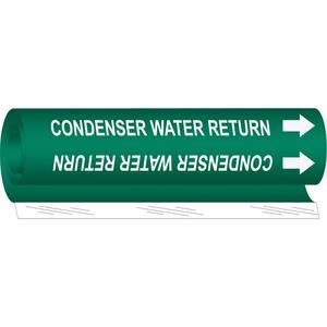 "Condenser Water Return" Pipe Marker - Plastic, White on Green, 2-1/2" - 7-7/8", 26", 12", 1-1/4", English, Wrap-Around
