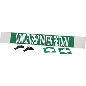 "Condenser Water Return" Pipe Marker - Plastic, White on Green, 8" - 20", 4", 24", 3-1/2", English, Fibreglass Carrier with Clips