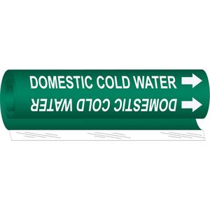 "Domestic Cold Water" Pipe Marker - Plastic, White on Green, 1/2" - 1-3/8", 5", 8", 1/2", English, Wrap-Around