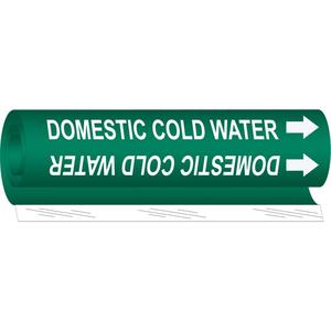 "Domestic Cold Water" Pipe Marker - Plastic, White on Green, 1-1/2" - 2-3/8", 9", 8", 3/4", English, Wrap-Around