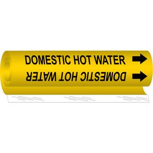 "Domestic Hot Water" Pipe Marker - Plastic, Black on Yellow, 1/2" - 1-3/8", 5", 8", 1/2", English, Wrap-Around