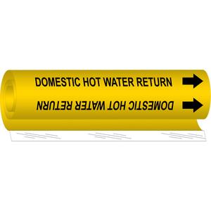 "Domestic Hot Water Return" Pipe Marker - Plastic, Black on Yellow, 1/2" - 1-3/8", 5", 8", 1/2", English, Wrap-Around