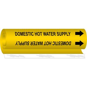 "Domestic Hot Water Supply" Pipe Marker - Plastic, Black on Yellow, 1/2" - 1-3/8", 5", 8", 1/2", English, Wrap-Around