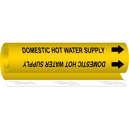 "Domestic Hot Water Supply" Pipe Marker - Plastic, Black on Yellow, 1/2" - 1-3/8", 5", 8", 1/2", English, Wrap-Around