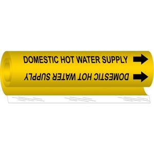 "Domestic Hot Water Supply" Pipe Marker - Plastic, Black on Yellow, 1-1/2" - 2-3/8", 9", 8", 3/4", English, Wrap-Around