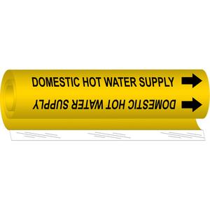 "Domestic Hot Water Supply" Pipe Marker - Plastic, Black on Yellow, 2-1/2" - 7-7/8", 26", 12", 1-1/4", English, Wrap-Around