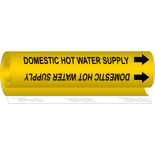 "Domestic Hot Water Supply" Pipe Marker - Plastic, Black on Yellow, 2-1/2" - 7-7/8", 26", 12", 1-1/4", English, Wrap-Around