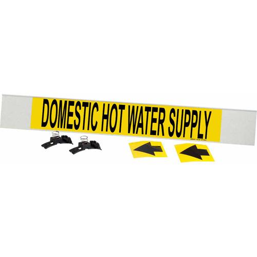 "Domestic Hot Water Supply" Pipe Marker - Plastic, Black on Yellow, 8" - 20", 4", 24", 3-1/2", English, Fibreglass Carrier with Clips