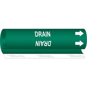 "Drain" Pipe Marker - Plastic, White on Green, 1-1/2" - 2-3/8", 9", 8", 3/4", English, Wrap-Around