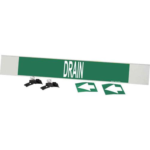 "Drain" Pipe Marker - Plastic, White on Green, 8" - 20", 4", 24", 3-1/2", English, Fibreglass Carrier with Clips