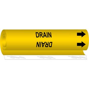 "Drain" Pipe Marker - Plastic, Black on Yellow, 1-1/2" - 2-3/8", 9", 8", 3/4", English, Wrap-Around