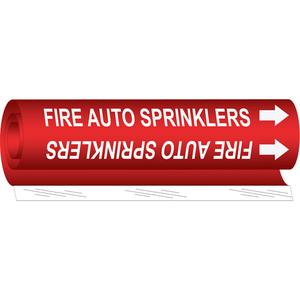 "Fire Auto Sprinklers" Pipe Marker - Plastic, White on Red, 1/2" - 1-3/8", 5", 8", 1/2", English, Wrap-Around