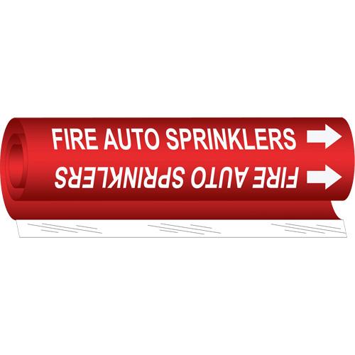 "Fire Auto Sprinklers" Pipe Marker - Plastic, White on Red, 1/2" - 1-3/8", 5", 8", 1/2", English, Wrap-Around