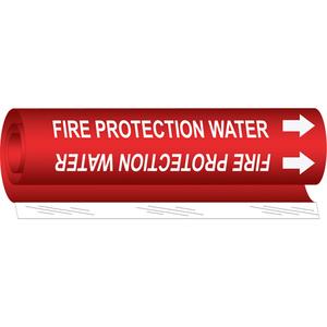 "Fire Protection Water" Pipe Marker - Plastic, White on Red, 2-1/2" - 7-7/8", 26", 12", 1-1/4", English, Wrap-Around
